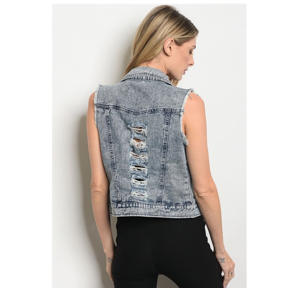 Denim Faded Distressed Vest - Picture 4 of 6